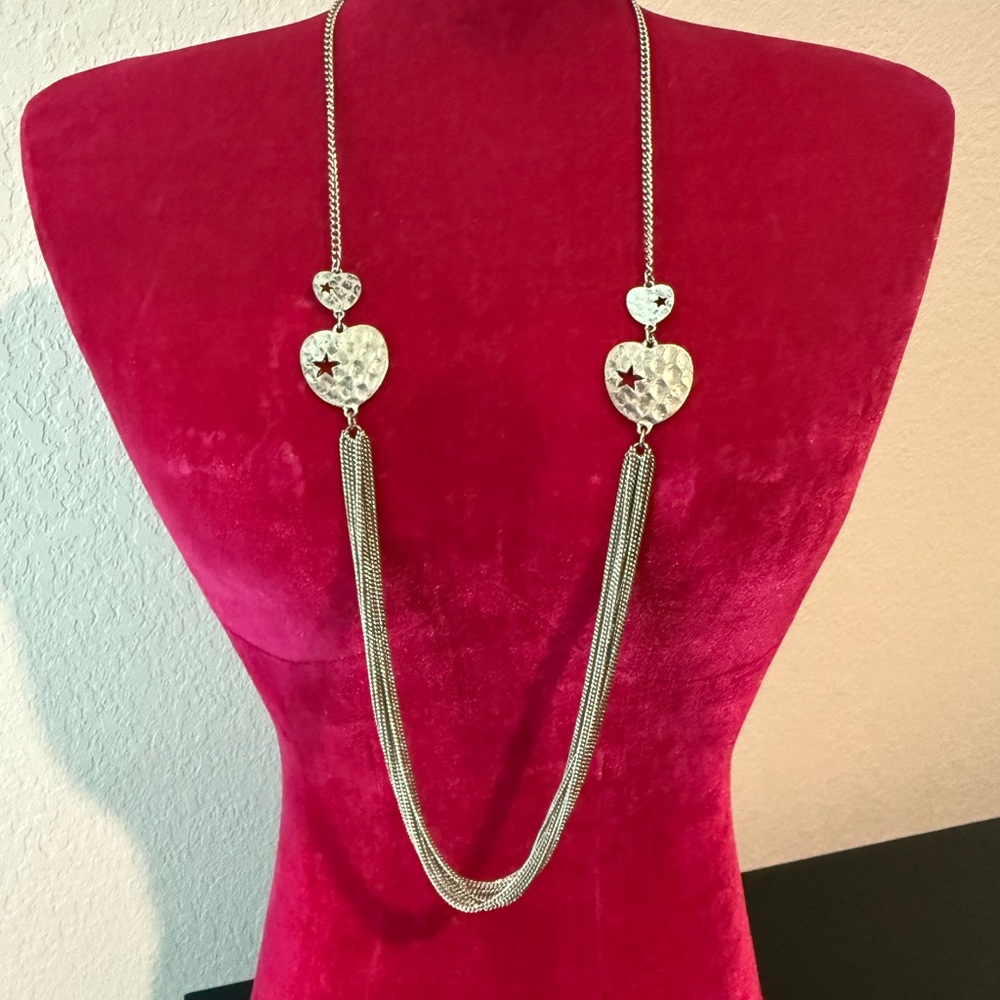 Rustic Silver Necklace with Hammered Hearts